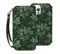 SDTLMNW Hunter Green Floral Petals Pattern Prints Phone Case for iPhone 12 Pro Max 6.7 Inch Flip Leather Shockproof Wallet Case Cover with Wrist Strap