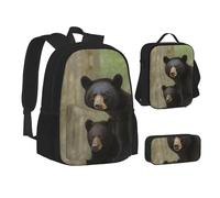 SDTYKHJ Black Bear Mother and Cub Backpack with Lunch Box and Pencil Case Set Large Capacity Casual Daypack Travel Backpack Rucksack