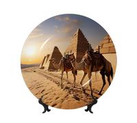 SDTYKHJ Ceramic Decorative Plate Bone China Decorative Plate with Display Stand Hanging Porcelain Ornament Egypt Camels Round Dinner Plates Crafts Wall Art Plates for Home Office Kitchen Table 7in
