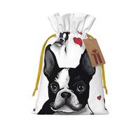 SDTYKHJ Christmas Gift Bags with Tags Christmas Drawstring Bag Boston Terrier Dog Gift Wrapping Sacks Bags Cloth Pouches Personalized Xmas Candy Bag Reusable Party Favor Pouch Medium