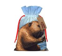 SDTYKHJ Christmas Gift Bags with Tags Christmas Drawstring Bag Busy Beaver Cartoon Gift Wrapping Sacks Bags Cloth Pouches Personalized Xmas Candy Bag Reusable Party Favor Pouch Small