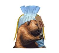 SDTYKHJ Christmas Gift Bags with Tags Christmas Drawstring Bag Busy Beaver Cartoon Gift Wrapping Sacks Bags Cloth Pouches Personalized Xmas Candy Bag Reusable Party Favor Pouch Small