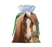 SDTYKHJ Christmas Gift Bags with Tags Christmas Drawstring Bag Cute Brown Horse Gift Wrapping Sacks Bags Cloth Pouches Personalized Xmas Candy Bag Reusable Party Favor Pouch Medium
