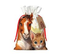 SDTYKHJ Christmas Gift Bags with Tags Christmas Drawstring Bag Cute Horse and Cat Gift Wrapping Sacks Bags Cloth Pouches Personalized Xmas Candy Bag Reusable Party Favor Pouch Small