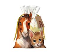SDTYKHJ Christmas Gift Bags with Tags Christmas Drawstring Bag Cute Horse and Cat Gift Wrapping Sacks Bags Cloth Pouches Personalized Xmas Candy Bag Reusable Party Favor Pouch Small