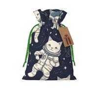 SDTYKHJ Christmas Gift Bags with Tags Christmas Drawstring Bag Fun Cat Astronaut Gift Wrapping Sacks Bags Cloth Pouches Personalized Xmas Candy Bag Reusable Party Favor Pouch Medium