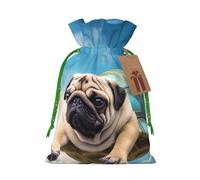 SDTYKHJ Christmas Gift Bags with Tags Christmas Drawstring Bag Funny Turtle Pug Dog in The Sky Gift Wrapping Sacks Bags Cloth Pouches Personalized Xmas Candy Bag Reusable Party Favor Pouch Medium