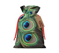 SDTYKHJ Christmas Gift Bags with Tags Christmas Drawstring Bag Green Peacock Feather Gift Wrapping Sacks Bags Cloth Pouches Personalized Xmas Candy Bag Reusable Party Favor Pouch Small
