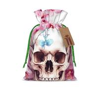 SDTYKHJ Christmas Gift Bags with Tags Christmas Drawstring Bag Human Skull Flowers Gift Wrapping Sacks Bags Cloth Pouches Personalized Xmas Candy Bag Reusable Party Favor Pouch Medium