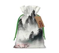 SDTYKHJ Christmas Gift Bags with Tags Christmas Drawstring Bag Ink Painting Style Mountain Gift Wrapping Sacks Bags Cloth Pouches Personalized Xmas Candy Bag Reusable Party Favor Pouch Small