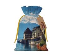 SDTYKHJ Christmas Gift Bags with Tags Christmas Drawstring Bag Lake Geneva Switzerland Gift Wrapping Sacks Bags Cloth Pouches Personalized Xmas Candy Bag Reusable Party Favor Pouch Small