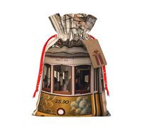 SDTYKHJ Christmas Gift Bags with Tags Christmas Drawstring Bag Lisbon tram Gift Wrapping Sacks Bags Cloth Pouches Personalized Xmas Candy Bag Reusable Party Favor Pouch Small