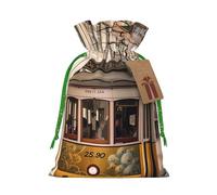 SDTYKHJ Christmas Gift Bags with Tags Christmas Drawstring Bag Lisbon tram Gift Wrapping Sacks Bags Cloth Pouches Personalized Xmas Candy Bag Reusable Party Favor Pouch Medium