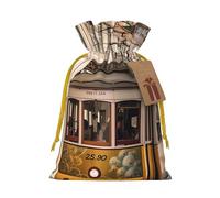SDTYKHJ Christmas Gift Bags with Tags Christmas Drawstring Bag Lisbon tram Gift Wrapping Sacks Bags Cloth Pouches Personalized Xmas Candy Bag Reusable Party Favor Pouch Small