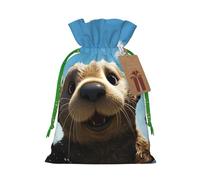 SDTYKHJ Christmas Gift Bags with Tags Christmas Drawstring Bag Lovely Sea Otter Gift Wrapping Sacks Bags Cloth Pouches Personalized Xmas Candy Bag Reusable Party Favor Pouch Small
