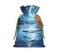 SDTYKHJ Christmas Gift Bags with Tags Christmas Drawstring Bag Moon Over Ocean Gift Wrapping Sacks Bags Cloth Pouches Personalized Xmas Candy Bag Reusable Party Favor Pouch Small