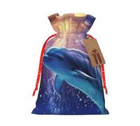 SDTYKHJ Christmas Gift Bags with Tags Christmas Drawstring Bag Ocean Dolphin Gift Wrapping Sacks Bags Cloth Pouches Personalized Xmas Candy Bag Reusable Party Favor Pouch Small