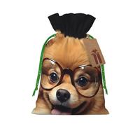 SDTYKHJ Christmas Gift Bags with Tags Christmas Drawstring Bag Pomeranian dog wearing Glasses Gift Wrapping Sacks Bags Cloth Pouches Personalized Xmas Candy Bag Reusable Party Favor Pouch Small