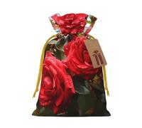 SDTYKHJ Christmas Gift Bags with Tags Christmas Drawstring Bag Red Roses Bush in The Garden Gift Wrapping Sacks Bags Cloth Pouches Personalized Xmas Candy Bag Reusable Party Favor Pouch Medium
