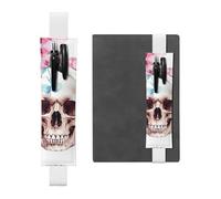 SDTYKHJ Elastic Band Pen Holder Leather Pencil Holder for Notebook Human Skull Flowers Pen Sleeve Pouch Adjustable Journal Pen Case Bookmark Fits for 8" to 10" Notebooks Planners Books White