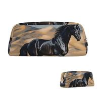SDTYKHJ Pencil Case Black Arabian Horse Big Pencil Bag Portable Coin Pouch Aesthetic Cosmetic Bag Leather Makeup Bag, Gold, One size