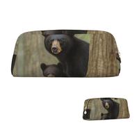 SDTYKHJ Pencil Case Black Bear Mother and Cub Big Pencil Bag Portable Coin Pouch Aesthetic Cosmetic Bag Leather Makeup Bag, Gold, One size