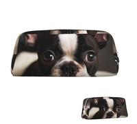 SDTYKHJ Pencil Case Cute Boston Terrier Big Pencil Bag Portable Coin Pouch Aesthetic Cosmetic Bag Leather Makeup Bag, Silver, One Size