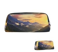 SDTYKHJ Pencil Case Mountain Sunset Landscape Big Pencil Bag Portable Coin Pouch Aesthetic Cosmetic Bag Leather Makeup Bag, Silver, One size