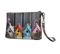 SDTYKHJ Women's Leather Wristlet Purses Clutch Wallet Colorful Spring Birdhouses Handbag Ladies Evening Bag Cell Phone Pouch Bag
