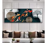 SDVIB Chinese Style Koi Canvas Poster And Prints Nine Fish Illustration Feng Shui Carp Lotus Pond Wall Art Painting Decor15.7 x47.2(40x120cm) No frame