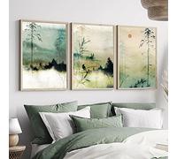 SDVIB Landscape Wall Art Watercolour Poster Green Bamboo Picture Nature Print Japanese East Canvas Painting Modern Living Room Decor 30x40cm-3Pieces Frameless
