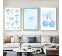 SDVIB Modern Minimalist Blue and Pink Academic Style Bow Poster Cherry Playing Card Bow Canvas Print Girl's Classroom Decor(60x80cm/3PCS Frameless)