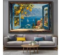 SDVIB View Of The Mediterranean Sea, Open Blue Window Canvas, Lemon Tree Wall Art, Coastal Village Landscape, Canvas Prints(60x80cm/Frameless)