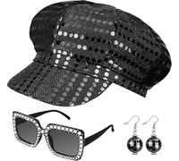 SDXCJY 3Pcs 70s Sequin Hat Silver Disco Hat for Adult Abba Accessories Women with Sequined Square Bling Sunglasses Disco Costume Set for Women Theme Party Birthday Dance (black)