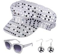 SDXCJY 3Pcs 70s Sequin Hat Silver Disco Hat for Adult Abba Accessories Women with Sequined Square Bling Sunglasses Disco Costume Set for Women Theme Party Birthday Dance (Silver)