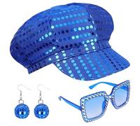 SDXCJY 3Pcs 70s Sequin Hat Silver Disco Hat for Adult Abba Accessories Women with Sequined Square Bling Sunglasses Disco Costume Set for Women Theme Party Birthday Dance. (blue)
