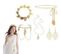 SDXCJY 5Pcs Greek Goddess Costume Accessories Set,Include Golden Laurel Leaf Headpiece, Tassel Waist Chain, Earrings, Necklace and Arm Ring,Party Bridal Wedding Halloween Cosplay For Women. (gold)