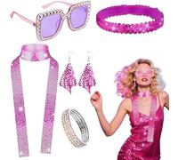 SDXCJY 6Pcs Pink 70s 80s Disco Accessories Set Sequins Scarf, Sunglasses,Headband, Bracelet, Earrings,Fancy Dress Kit for Birthday Retro Disco Theme Party. (pink)