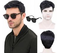 SDXCJY Mens Short Wig Black Short Black Mens Wig Costume for Men 70s 80s Disco Curly Fluffy Cosplay hair,boys Wigs for Daily Use Straight hair Halloween Handsome (black)