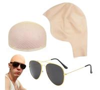 SDXCJY Premium Latex Bald Cap Set with Elastic-Fit Mesh Wig Liner and Sunglasses,Realistic Skin-Color Bald Head Cover Ideal for Cosplay, Halloween, Theatrical Makeup & Fancy Dress Parties (3pcs)