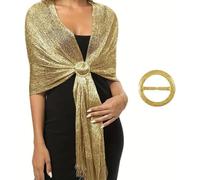 SDXCJY Sparkling Gold Metallic Shawls and Wraps with Buckle for Women- Ideal for Wedding, Evening Party Dresses, Bridesmaid,Elegant Tassel Design (gold)