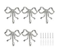 SdydudCyb 5 Pcs Gold Bow Wall Hooks, Elegant Zinc Alloy Decorative Hooks for Towel Coat Hat, Cute Bow Decor Hanger for Bathroom Living Room Kitchen Dorm Room Decor (Silver)