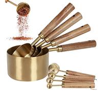 SDYGDB 8-Pc Gold Measuring Cup & Spoon Set with Wooden Handle - Stainless Steel Stackable Measure Set - Baking & Kitchen Accessories