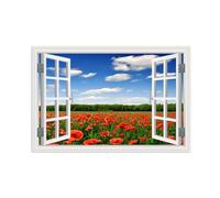 SDYSKKUG Fake Window Picture Clouds Red Flowers Nature Prints Landscape Canvas Wall Art Painting for Living Room Decor 90x60cm Unframed