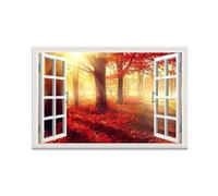SDYSKKUG Fake Window Picture Forest Red Tree Nature Prints Landscape Canvas Wall Art Painting for Living Room Decor 75x50cm Unframed