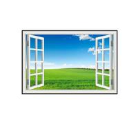 SDYSKKUG Fake Window Picture Landscape Canvas Wall Art Prints Clouds Grassland Tree Nature Painting for Living Room Bedroom Decor 120x80cm Black Frame