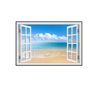 SDYSKKUG Fake Window Picture Landscape Canvas Wall Art Prints Clouds Sea Beach Nature Painting for Living Room Bedroom Decor 105x70cm Black Frame