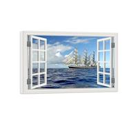 SDYSKKUG Fake Window Picture Landscape Canvas Wall Art Prints Clouds Sea Sailboat Nature Painting for Living Room Bedroom Decor 90x60cm Inner Frame