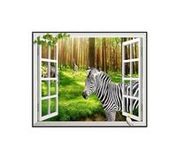 SDYSKKUG Fake Window Picture Landscape Canvas Wall Art Prints Forest Tree Animals Nature Painting for Living Room Bedroom Decor 85x70cm Black Frame