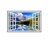 SDYSKKUG Fake Window Picture Landscape Canvas Wall Art Prints Mountain Tree Lake Nature Painting for Living Room Bedroom Decor 115x70cm Black Frame